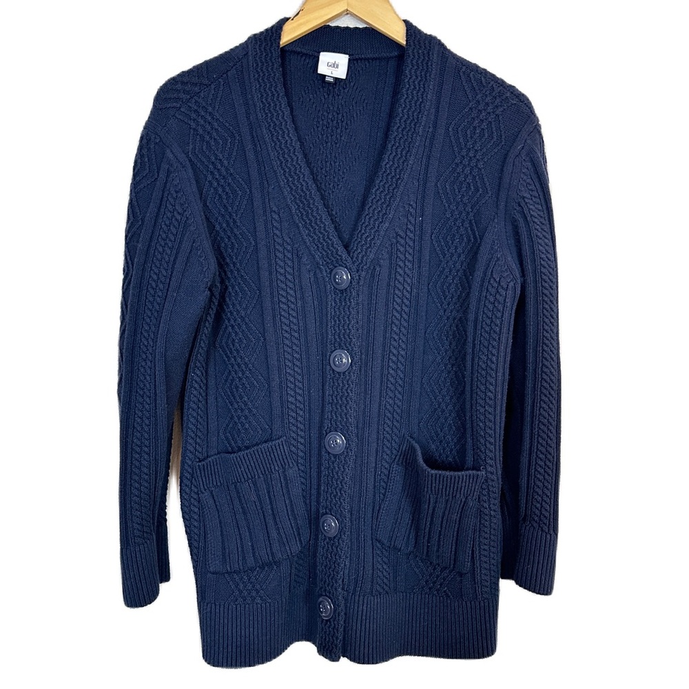 CAbi Slant Pocket Blue Knit Cardigan Sweater Women’s‎ Size Large #3882 NWOT